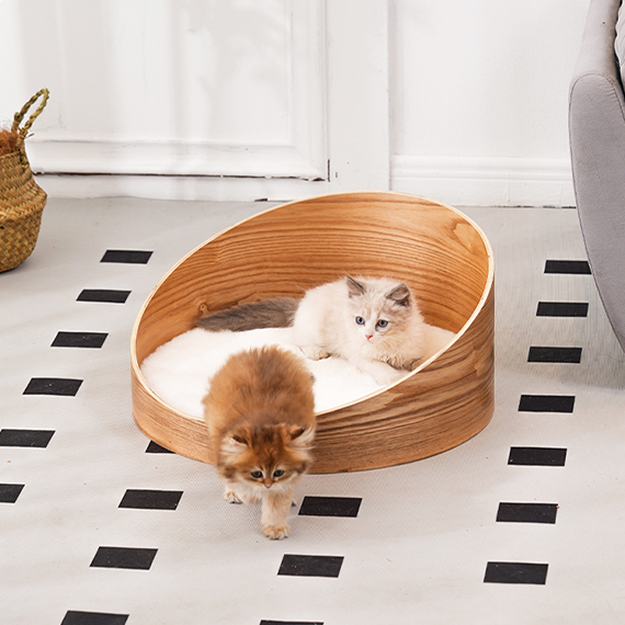 Katzenbett – Ganzjähriges Katzenbett aus Massivholz im neuen Stil, rund, mit Polster